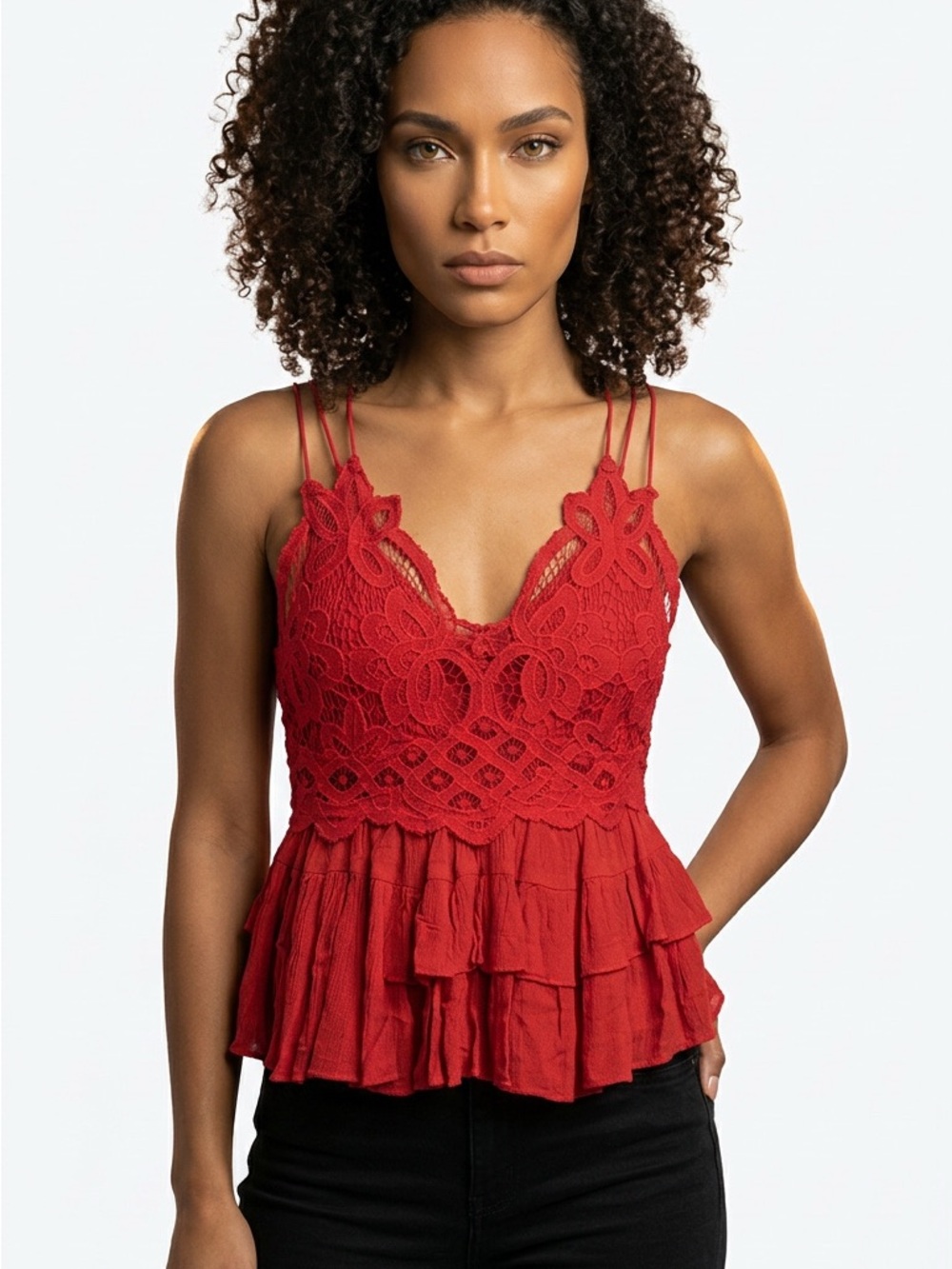 FREE PEOPLE WOMEN'S ADELLA CAMI LACE RUFFLED TANK TOP RED XS NWT
